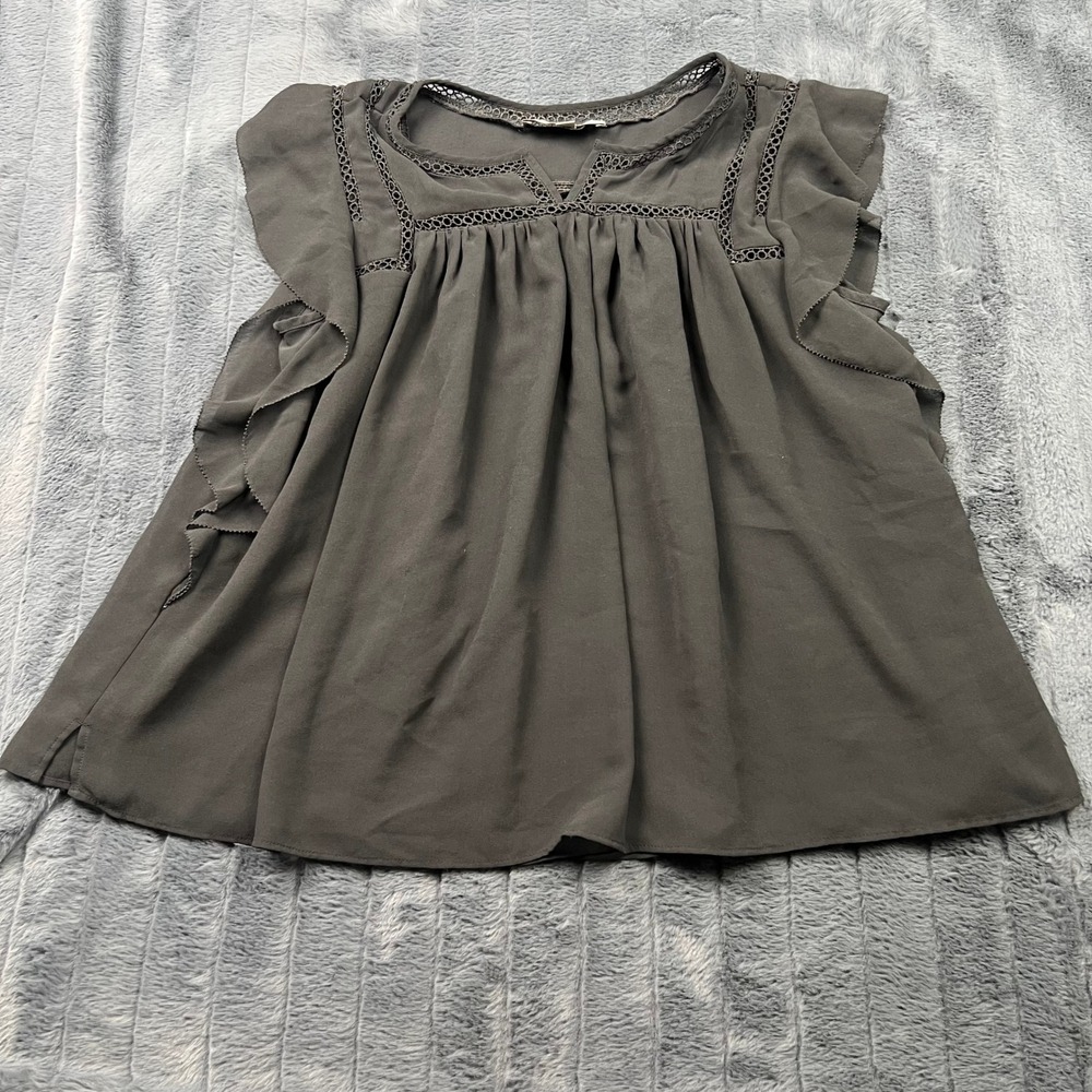 LOFT Womens Medium Gray Ruffle Sleeve Crochet Lace Trim Babydoll Blouse Top